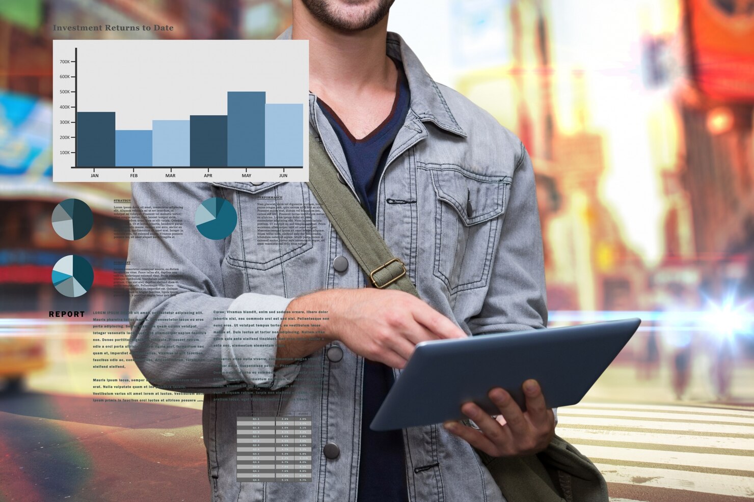 Incubation concept showing a young entrepreneur analyzing digital growth charts on a tablet.