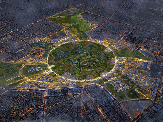 Vast circular urban green space integrated into a city grid, symbolizing sustainable Real Estate & Giga-Projects and urban parks.