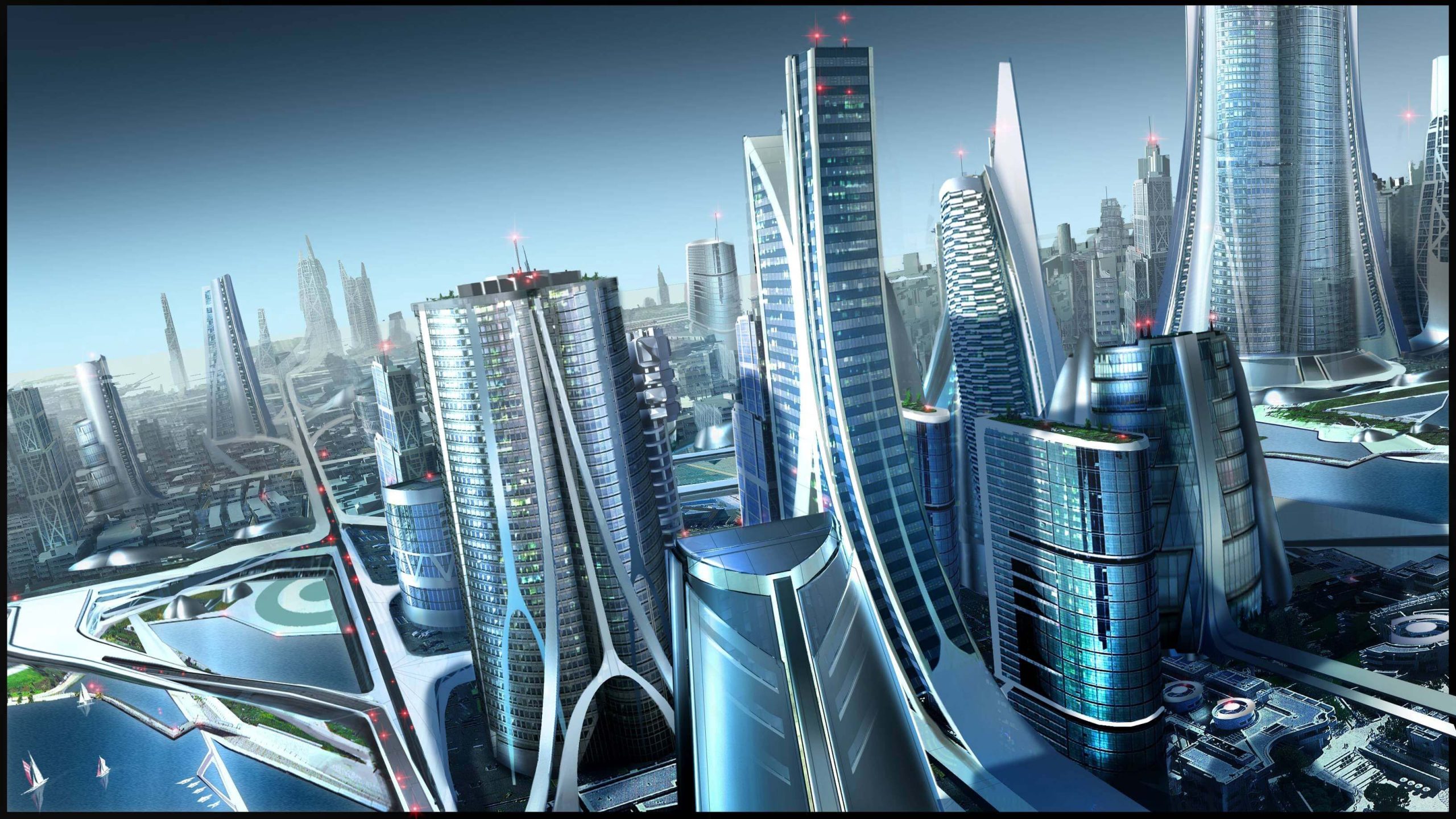 Hyper-modern futuristic city with innovative skyscrapers and urban design, representing Saudi Real Estate & Giga-Projects.