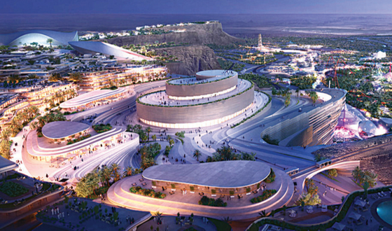 Vast futuristic entertainment Real Estate & Giga-Projects complex integrated with natural landscapes and modern architecture at night.