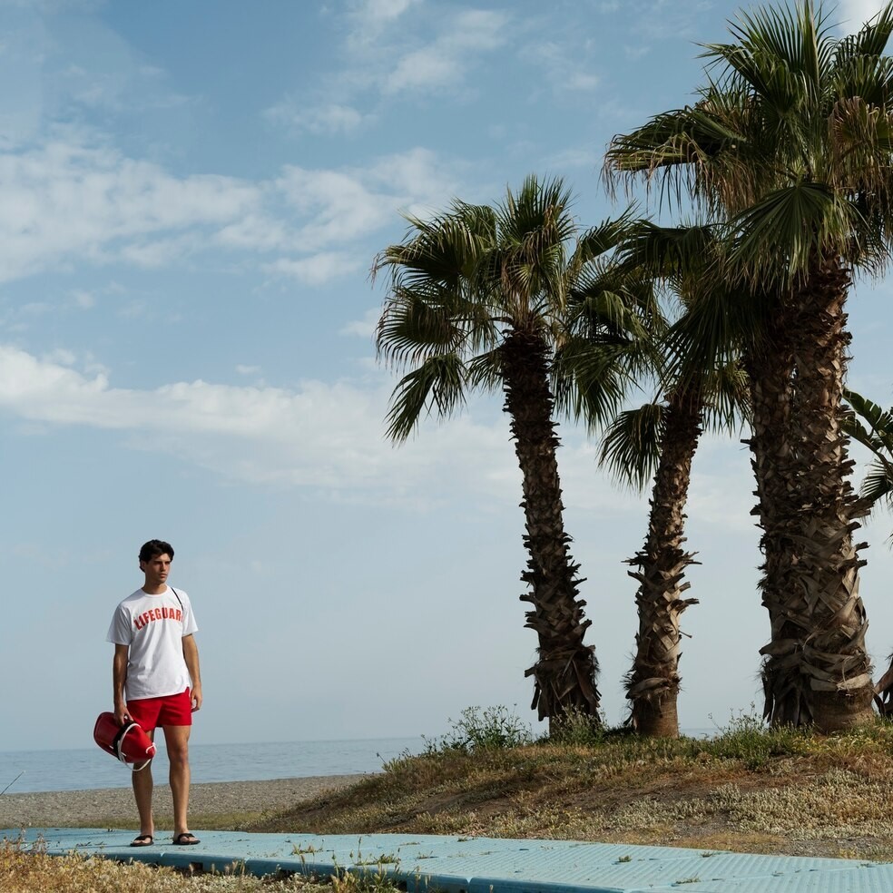 Lifeguard on a sunny beach with palm trees, representing coastal Tourism and Hospitality and leisure destinations.